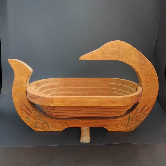Duck Collapsible Wood Spiral Cut Basket Fruit Bowl Trivet w/ Duck Accent 14.75" - Picture 3 of 9